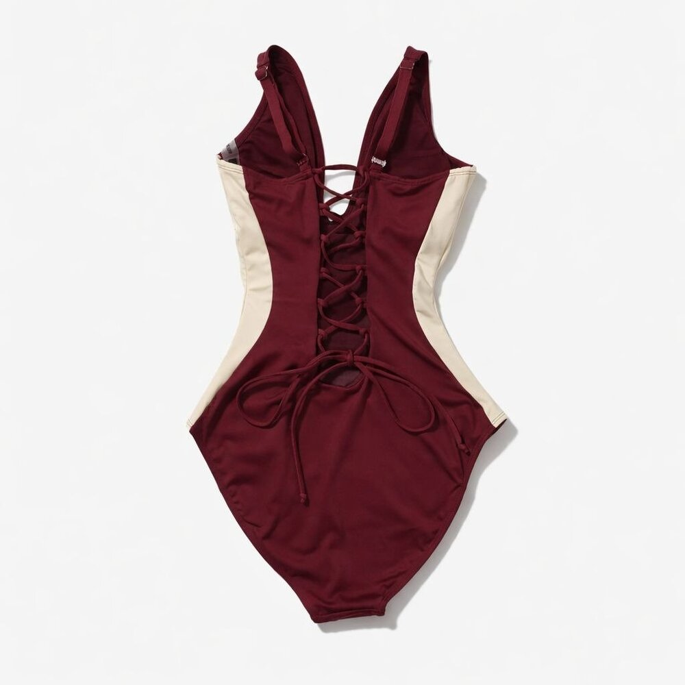 TA3 Plungey Contour One Piece Swimsuit Dark Cherry/Oat Medium X-Long Shaping NWT - Picture 2 of 13